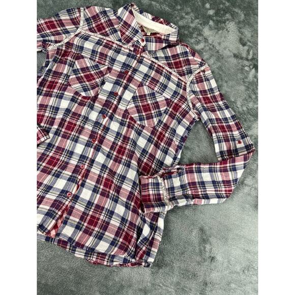 Women’s GUESS Red Blue White Plaid Button-Down Shirt S – Excellent - Picture 2 of 12